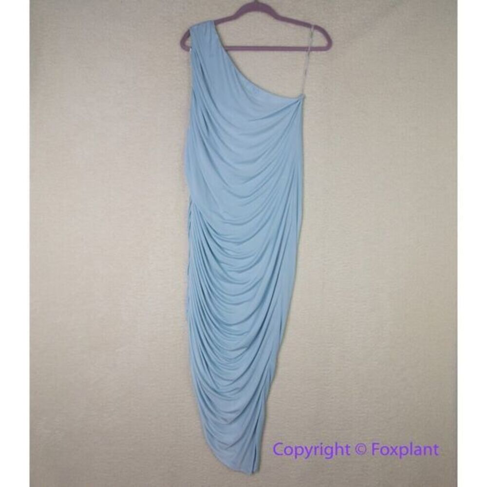 Eloquii Ruched One Shoulder Dress skyride blue ruched asymmetrical midi, size 16 - Picture 2 of 15